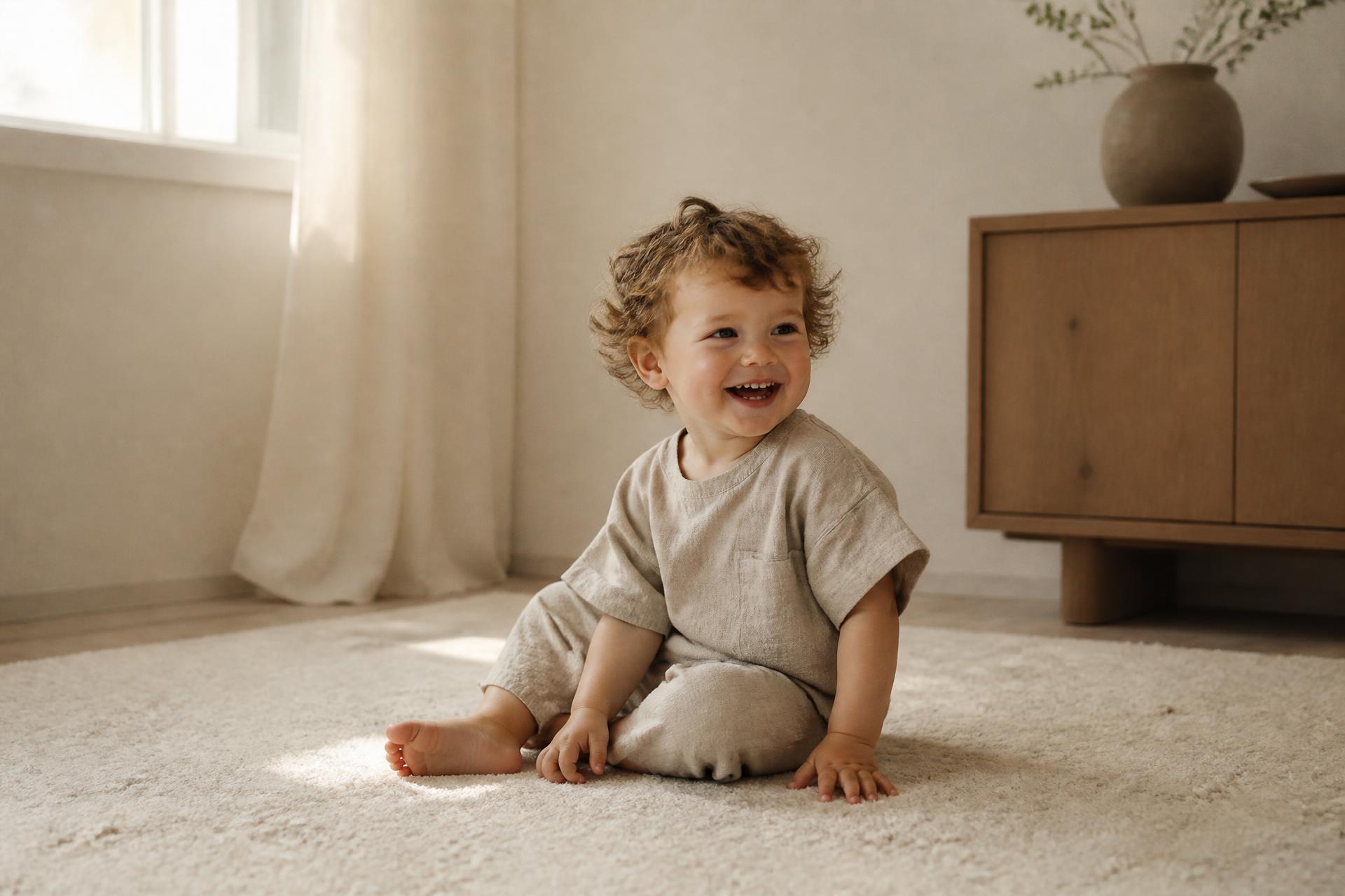 Niño pequeño jugando en un salón luminoso de estilo escandinavo